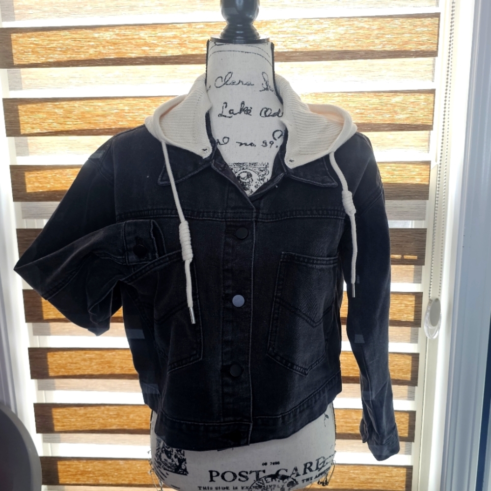 Black distressed Denim Jacket with Cream Detachable hoodie